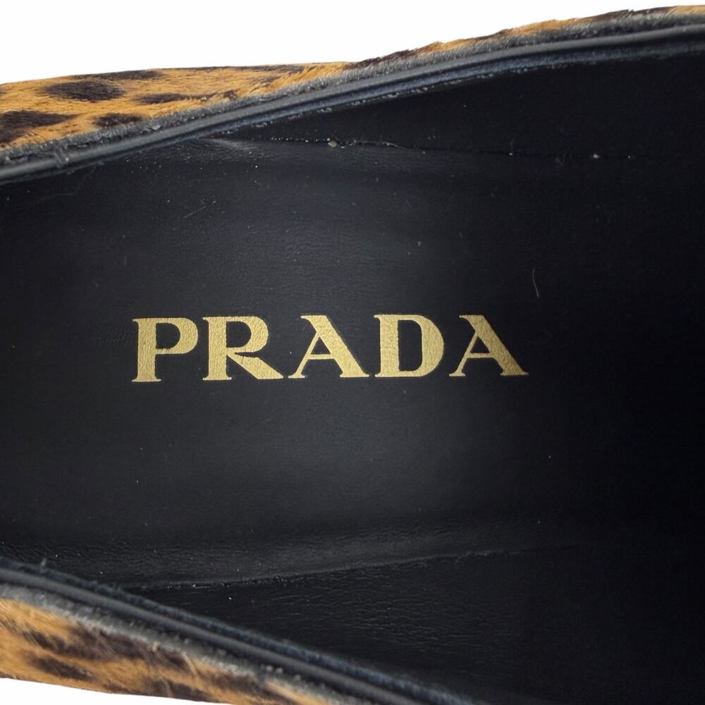 Prada Enamel Triangel Logo Leopard Printed Leather Loafer Brown Size 38.5 - Picture 12 of 16